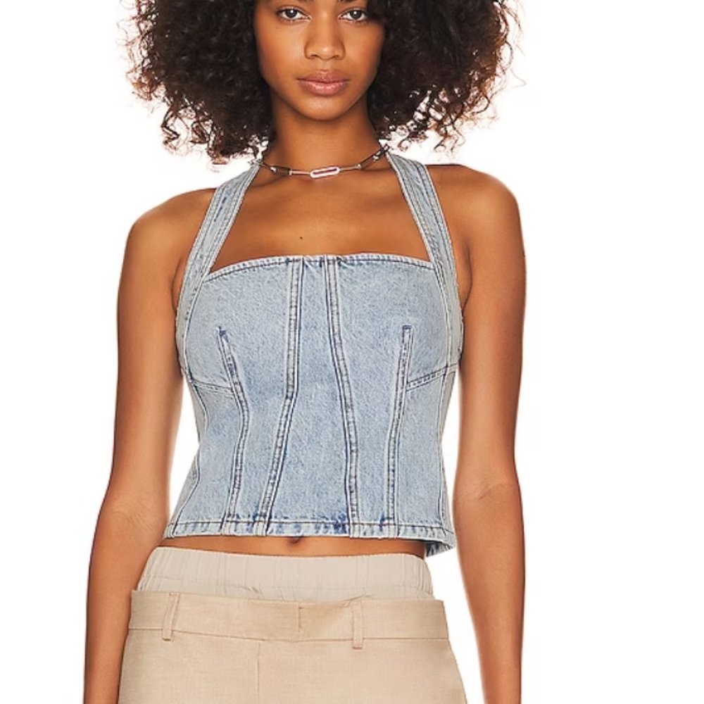 GRLFRND Light Wash Denim Halter Corset Top